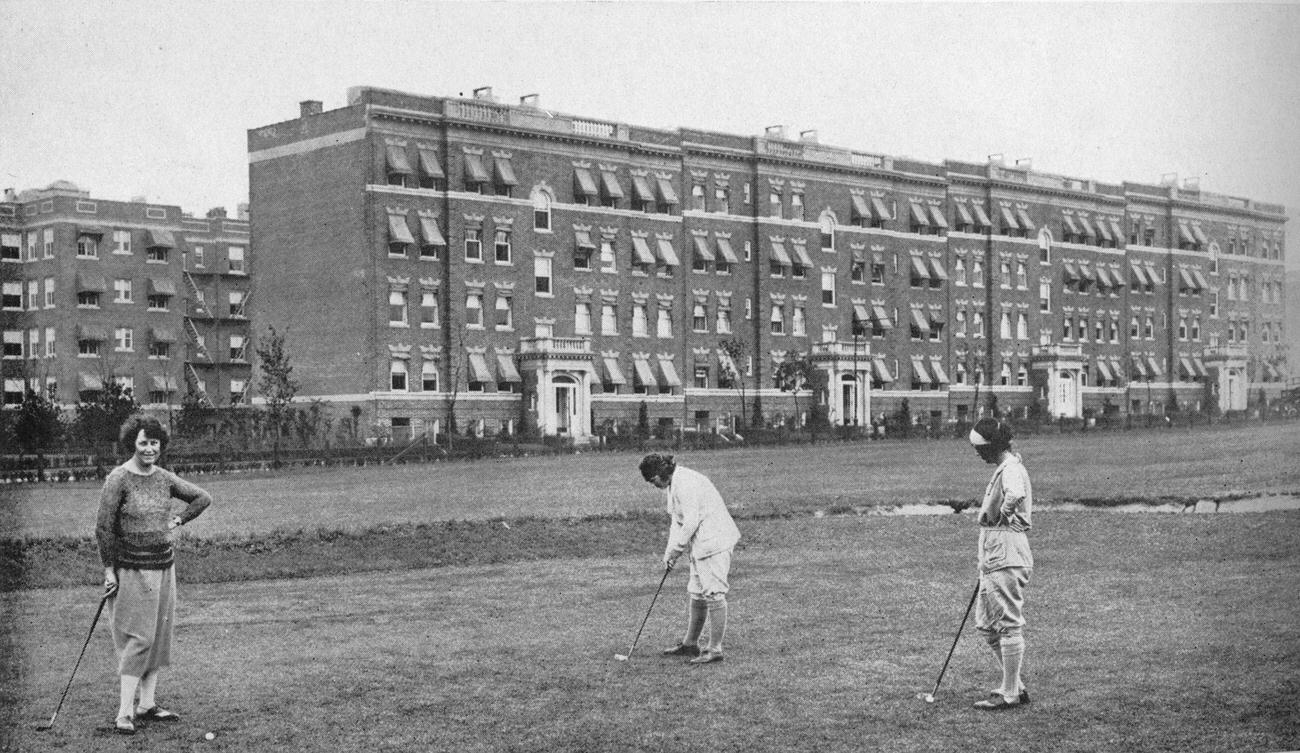 Exterior of Hawthorne Court Apartments, Jackson Heights, New York, 1922.