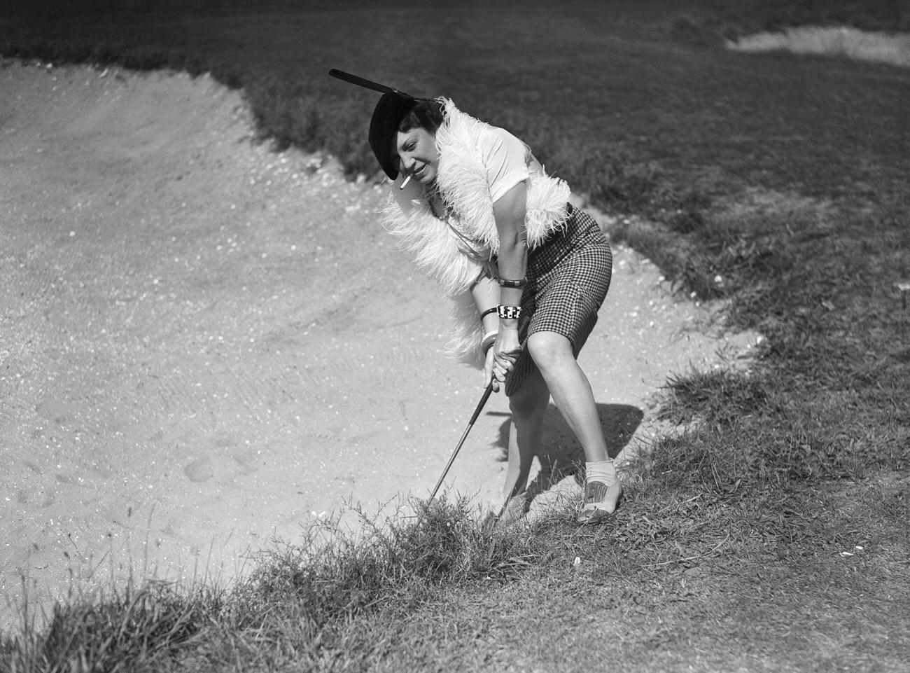 Mrs. J. Bruce Robertson in "kiki" costume, razzle dazzle golf tournament, Lido Beach, August 21, 1934.