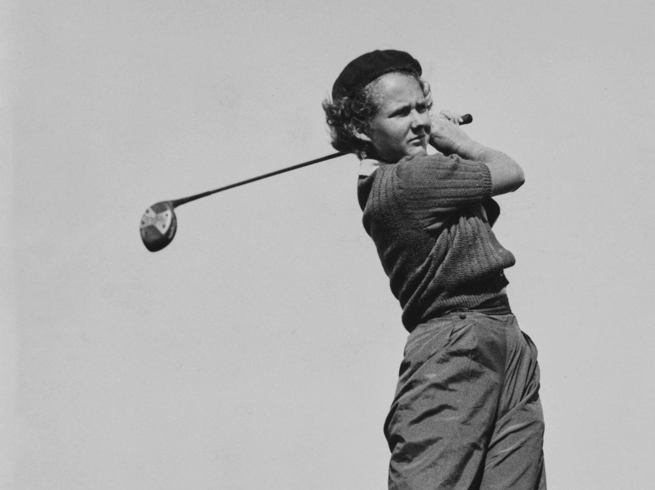 Dorothée Lally Segard practicing for 1936 Girls Amateur Golf Championship, Stoke Park Country Club.