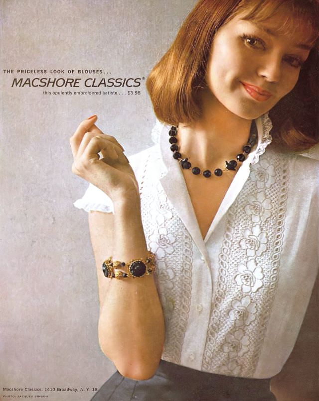 Dolores Hawkins in a MacShore Classics advertisement, Harper's Bazaar, 1959.