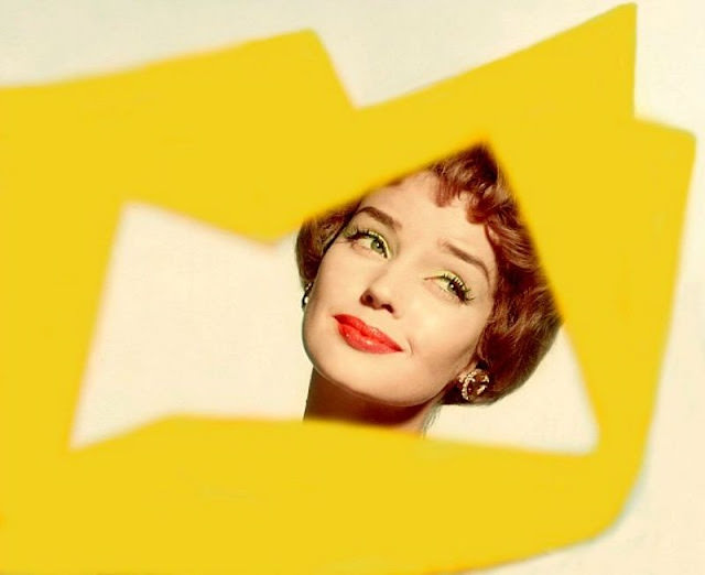 Dolores Hawkins with yellow eyeshadow highlighting her face, 1959.