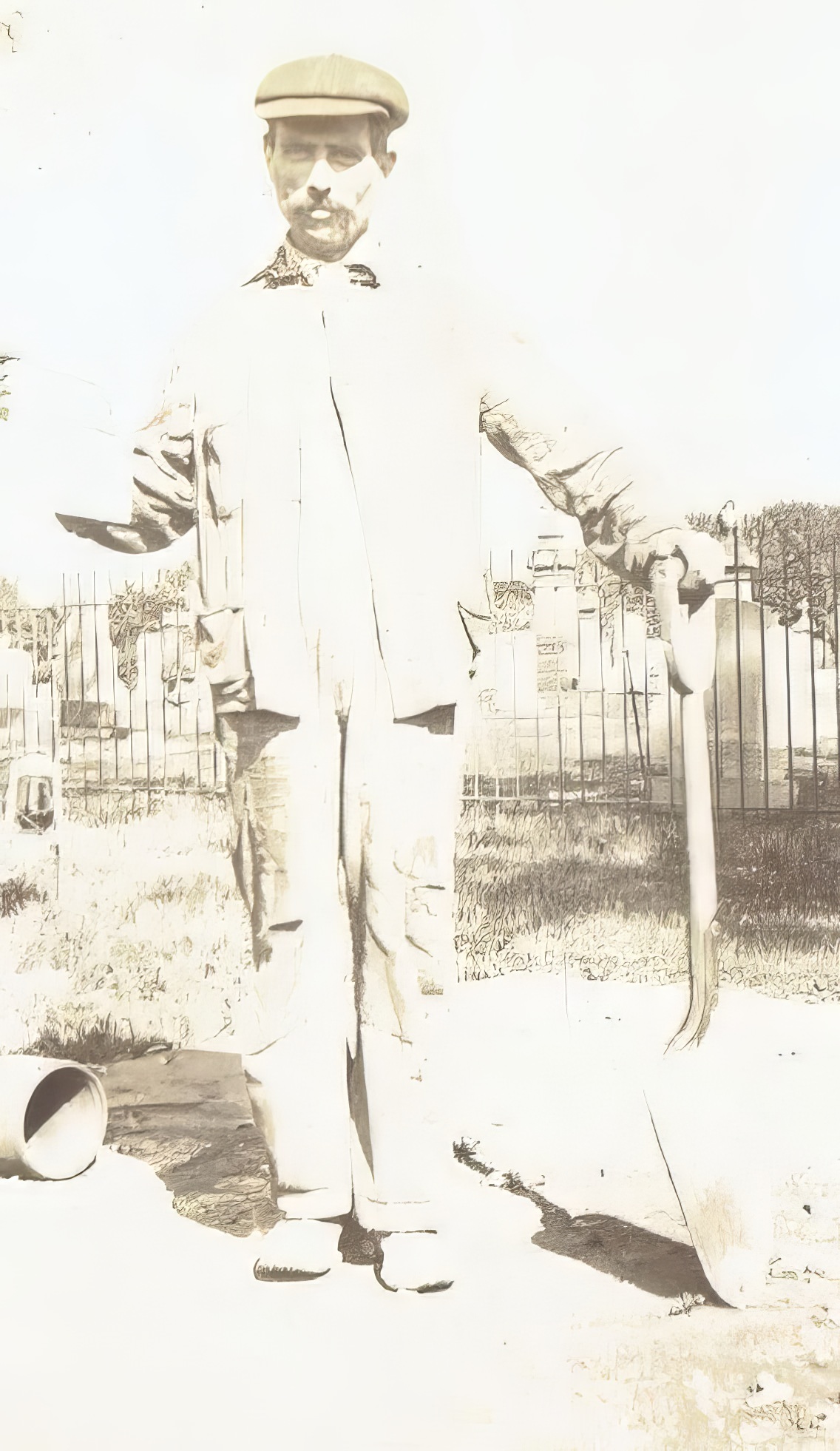 Mike Mozzona, a participant in the Liberty Bond campaign to support the Allies in World War I, standing near St. Patrick's Cemetery, Geneva, circa 1917