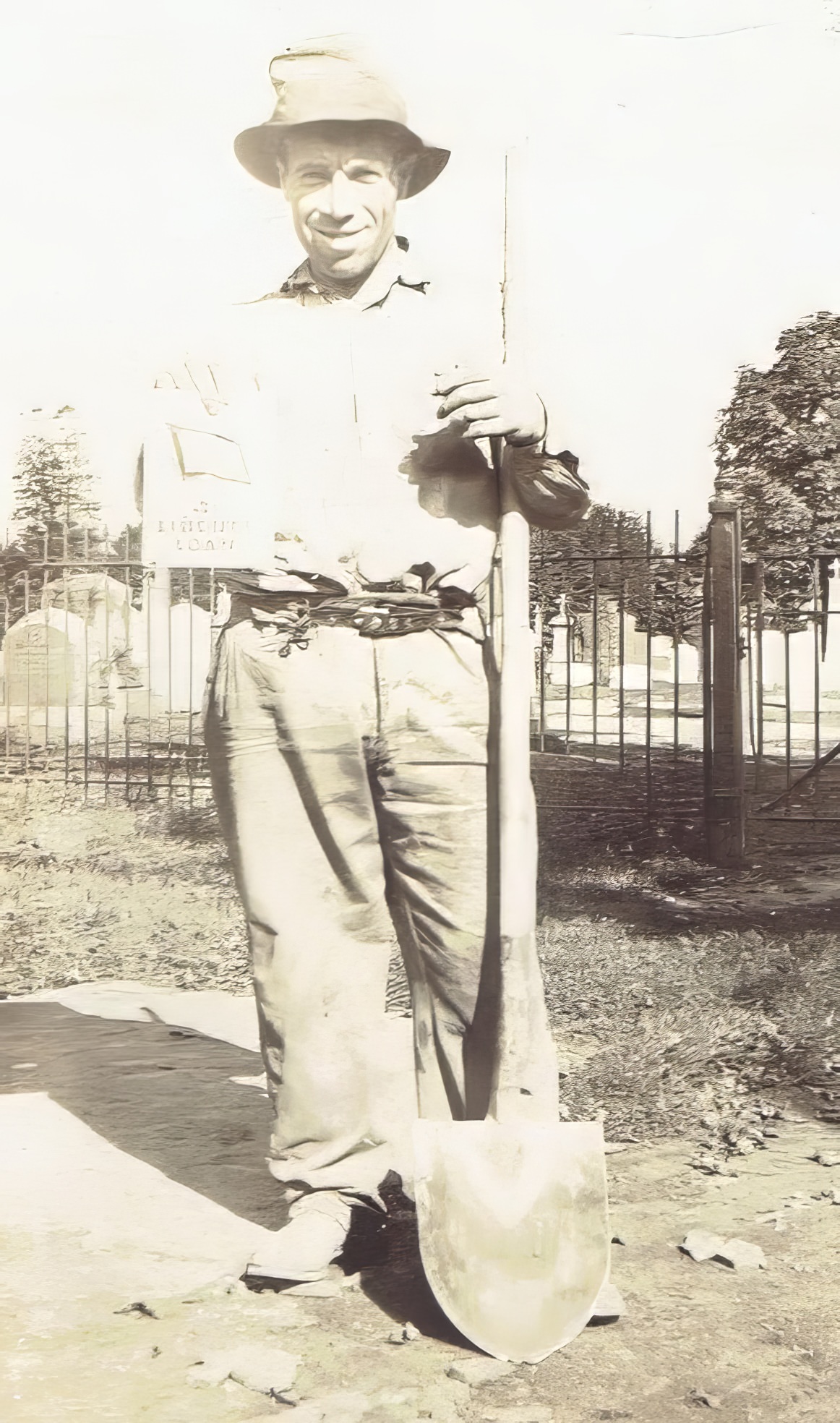 Pat Ross, a participant in the Liberty Bond campaign to support the Allies in World War I, standing near St. Patrick's Cemetery, Geneva, circa 1917