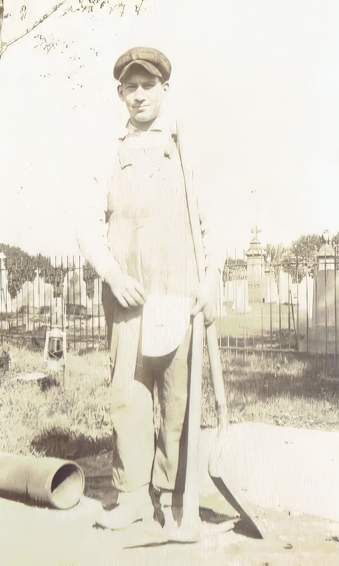 Tony Massa, a participant in the Liberty Bond campaign to support the Allies in World War I, standing near St. Patrick's Cemetery, Geneva, circa 1917