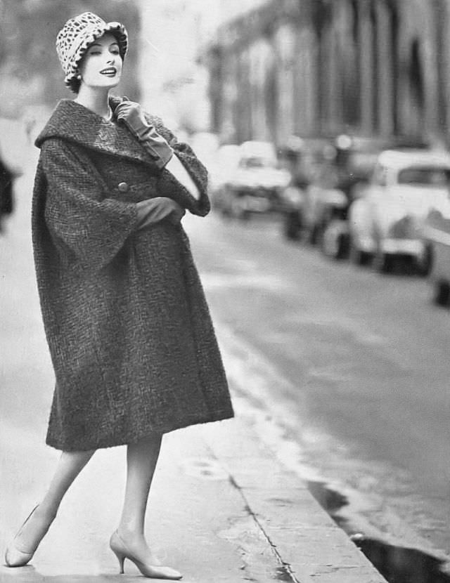 Gitta Schilling in tweed coat by Jacques Heim, October 1958.