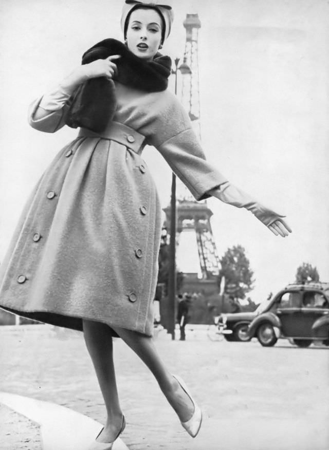 Gitta Schilling in wool coat-dress by Dior, October 1, 1958.