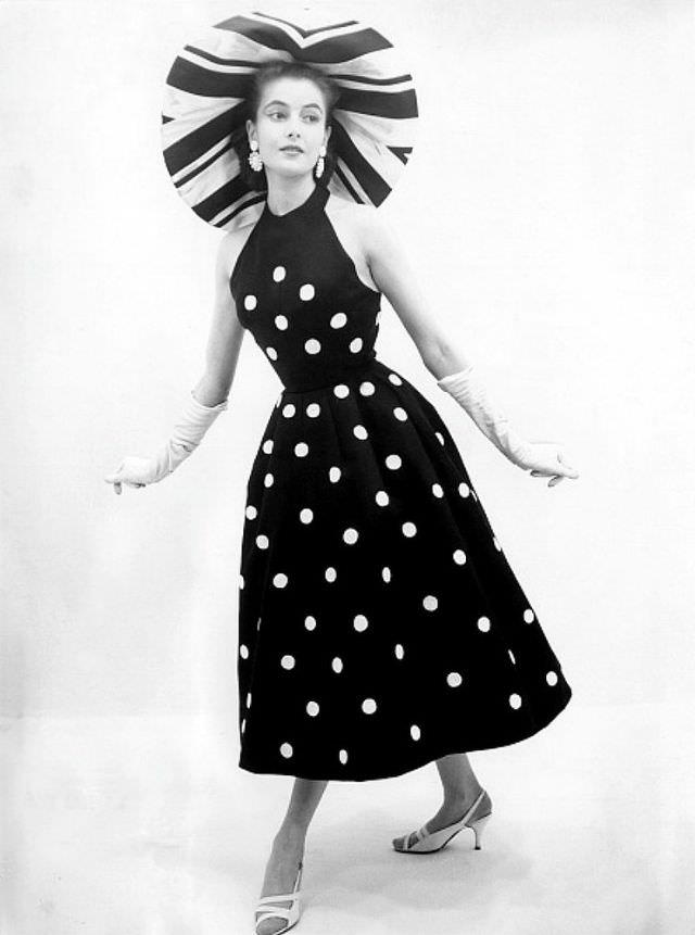 Gitta Schilling in silk halter dress, circa 1955.