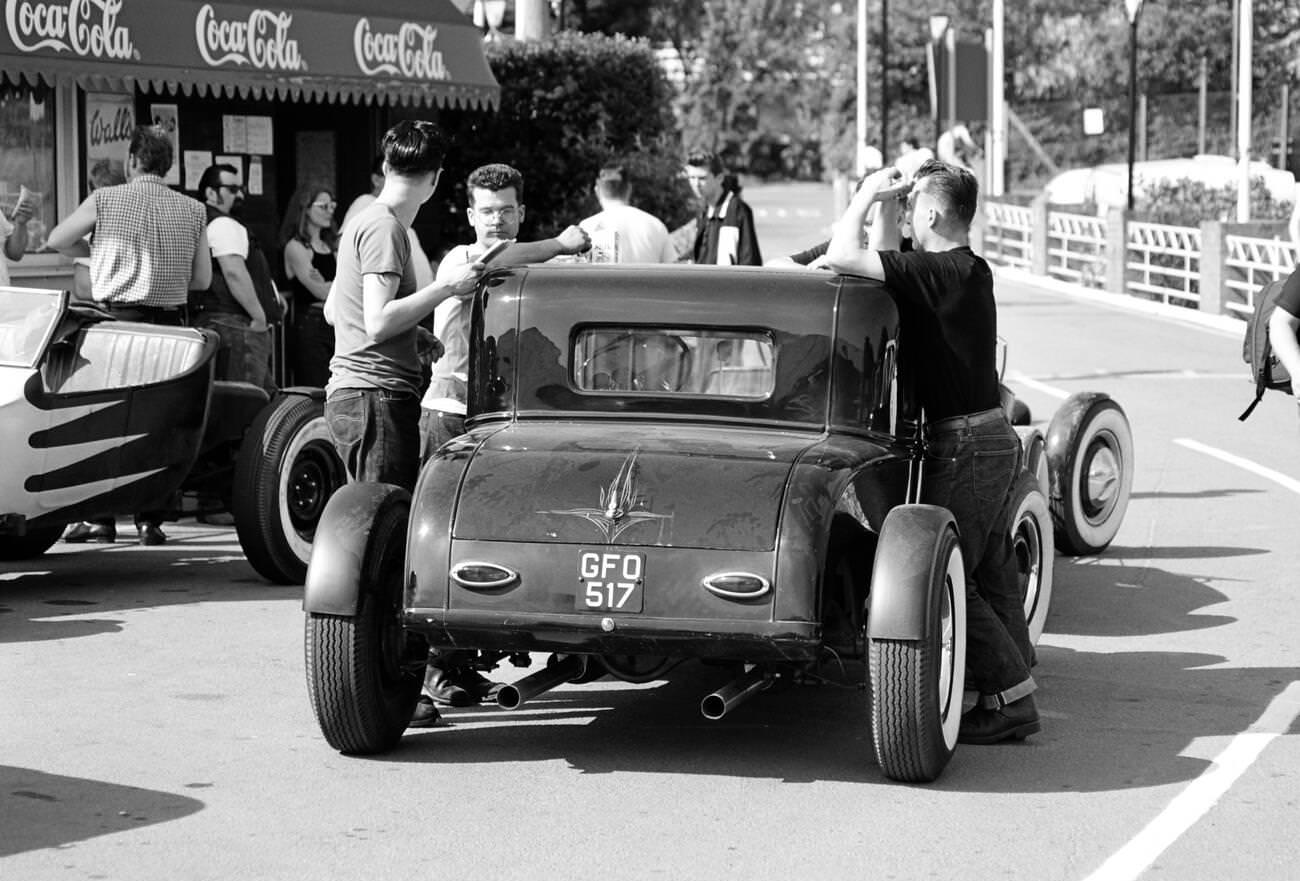 "Greasers" at their 1950s street rod, Hemsby rock 'n' roll festival, 1995.