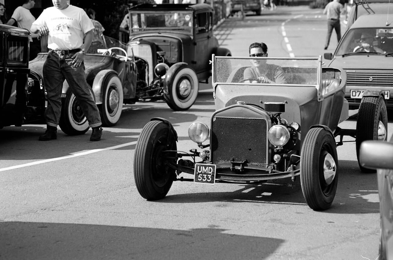 Roadster arriving at Hemsby rock n roll retro festival, 1995.