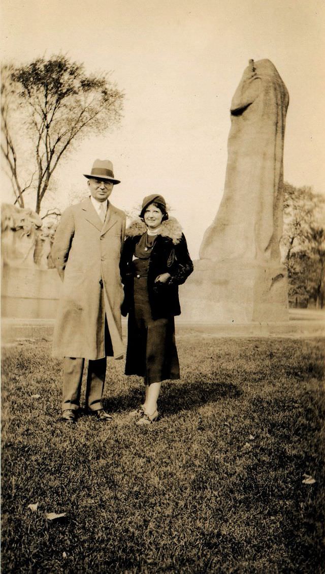 "Fountain of Time" sculpture by Lorado Taft in Chicago's Washington Park, 1920s