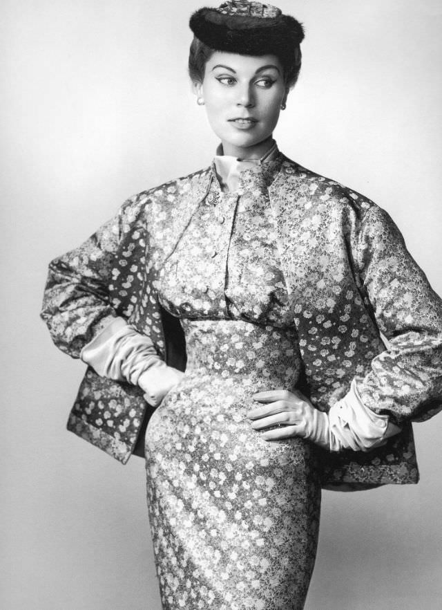 Stella in a silk ensemble by Jacques Fath, 1953.