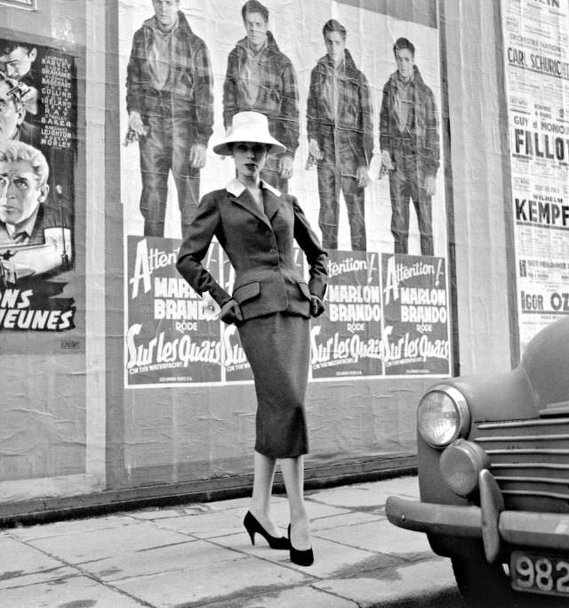 Stella in a day suit by Jacques Fath, Paris, 1955.