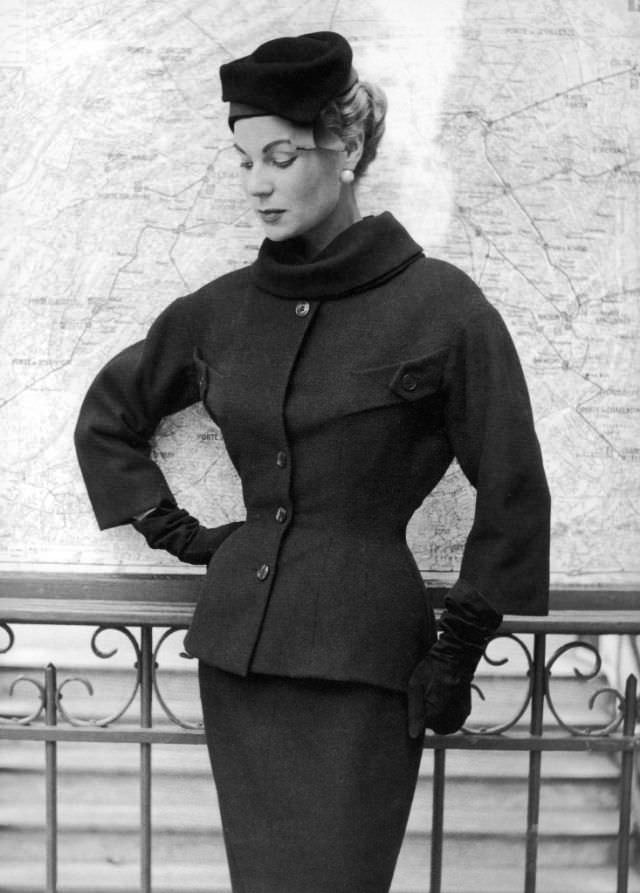 Stella in a wool suit by Jacques Fath, 1955.
