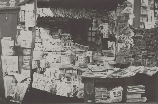 Woman reading inside newsstand, November 1953