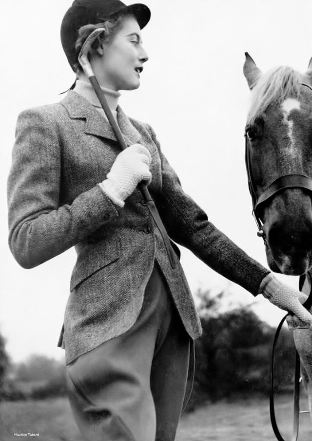 Pat O'Reilly in a classic tweed hacking jacket, Harper's Bazaar UK, January 1951.