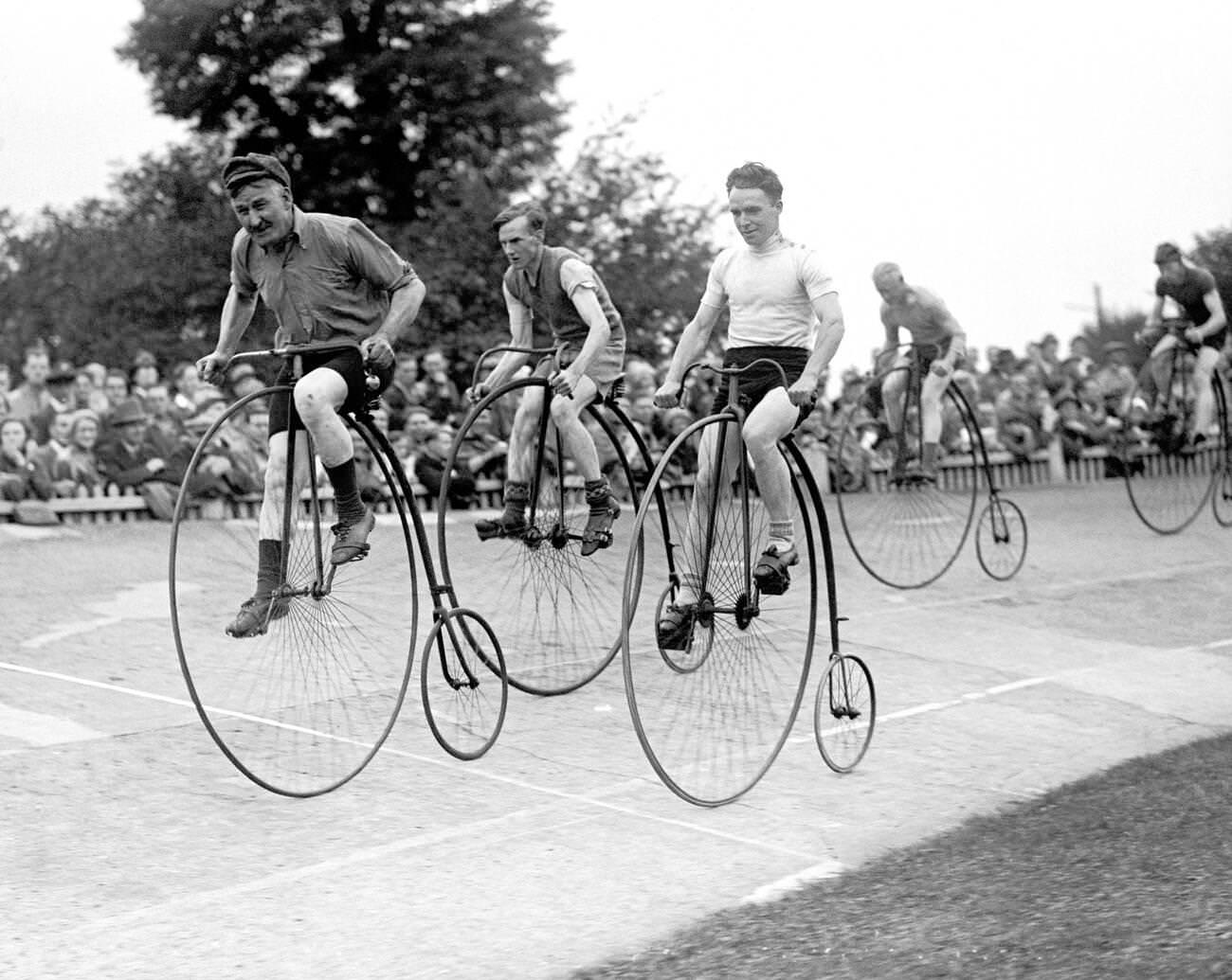 Contrasting bicycle technologies, riders, and eras.