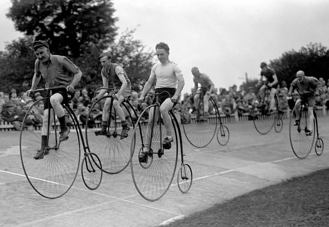 Man riding a homemade penny-farthing bicycle, Sweden, 1940s.