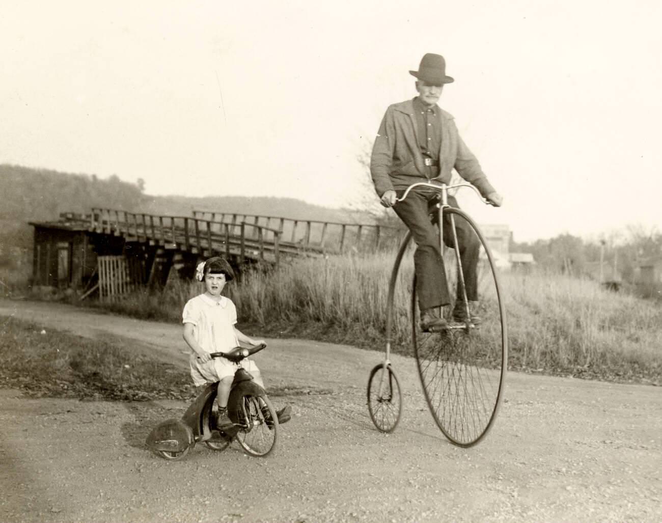 Peddler Palmer with his 55-year-old penny farthing bicycle, September 9, 1948.