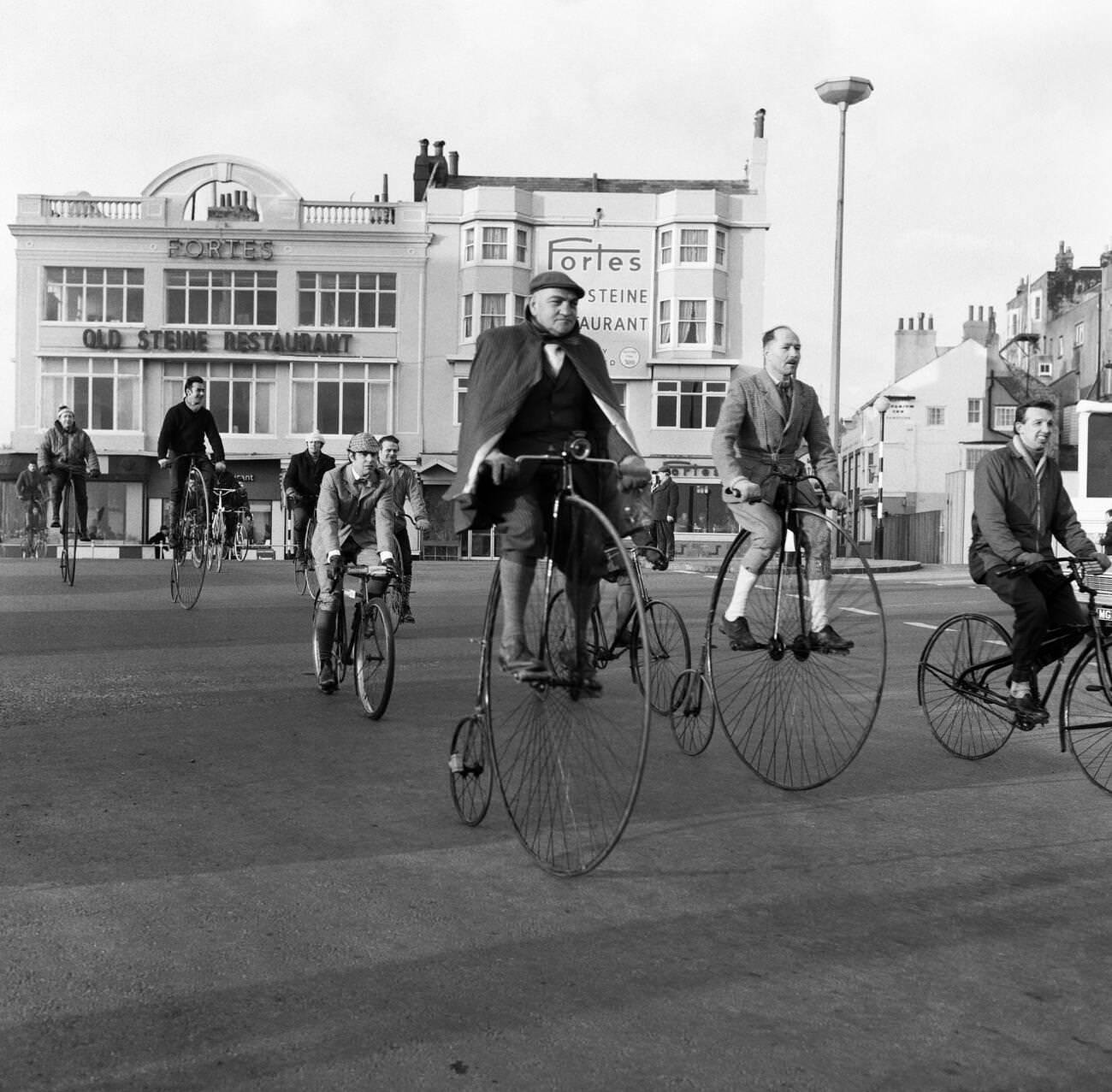 Cyclists arrive in Brighton, East Sussex, from the London to Brighton Bike Ride, February 9, 1969.