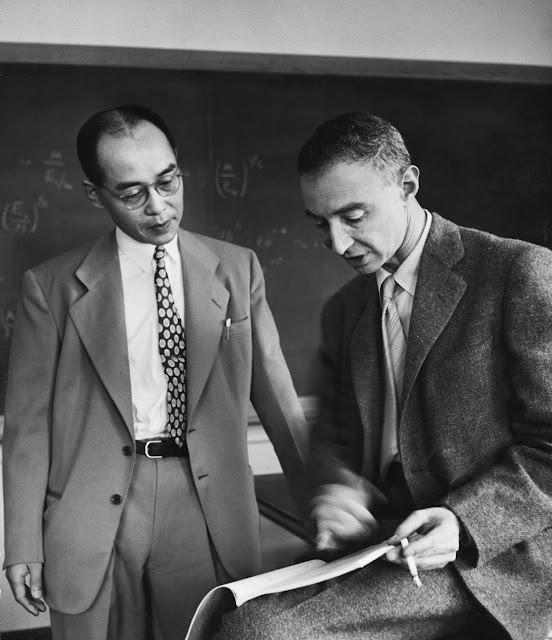 J. Robert Oppenheimer with Nobel Prize recipient Hideki Yukawa in Oppenheimer’s office at Princeton, 1949.