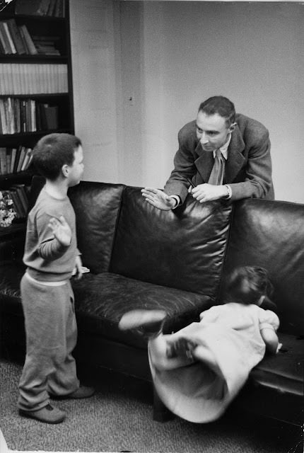 J. Robert Oppenheimer welcomed home by son Peter and daughter Toni, 1949.