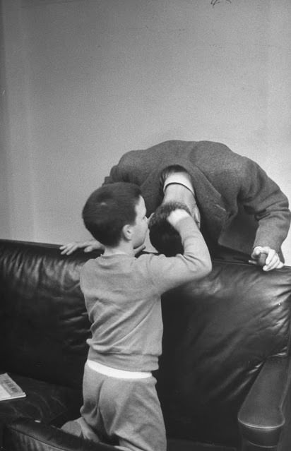 J. Robert Oppenheimer at home with his son Peter in Princeton, New Jersey, 1949.