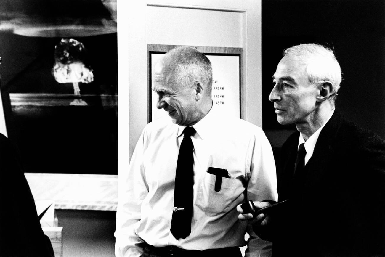 Norris Bradbury and Robert J. Oppenheimer at Los Alamos, New Mexico, May 1964.
