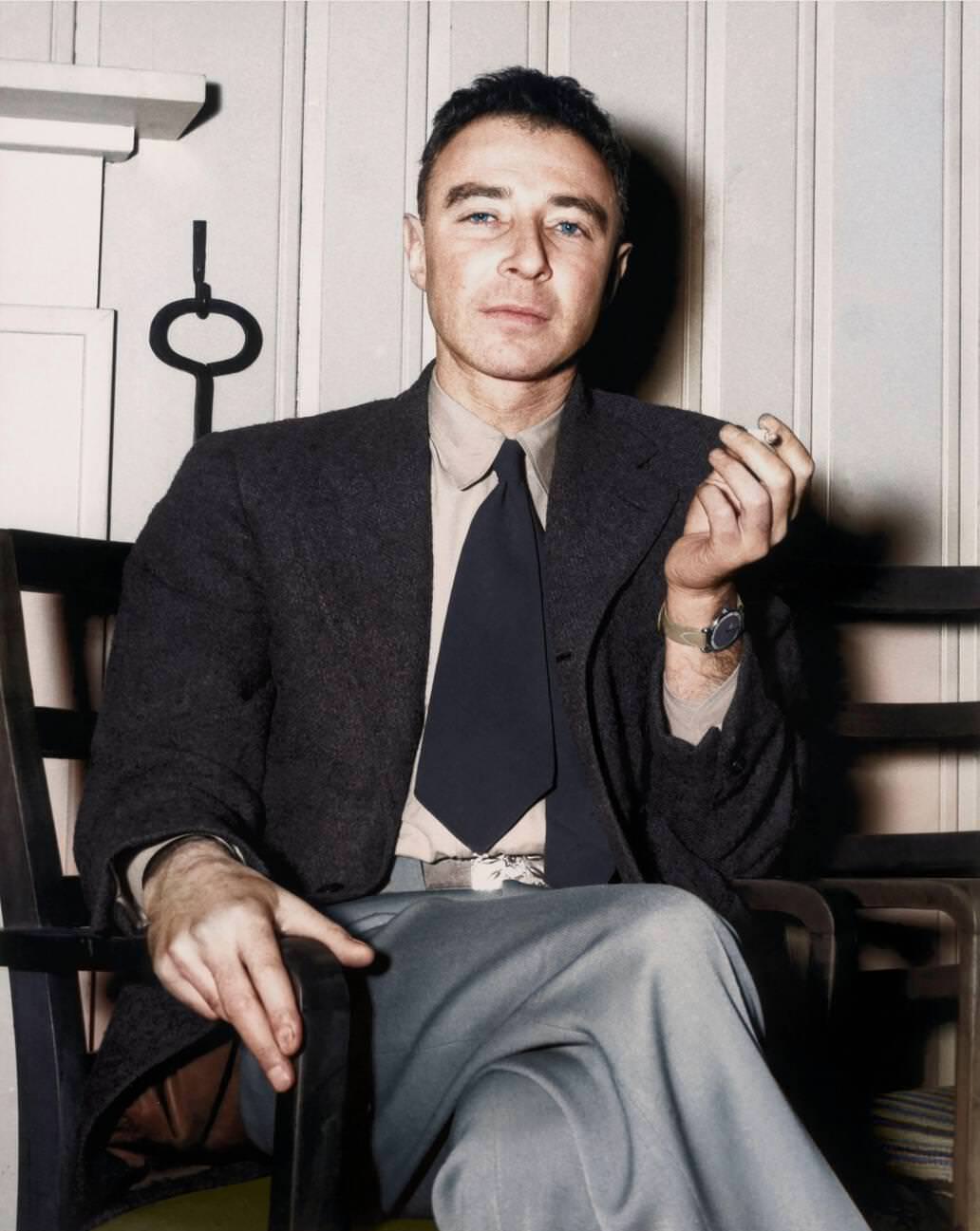 J. Robert Oppenheimer smoking a cigarette at the Guest Lodge, Oak Ridge, Tennessee, circa 1946.