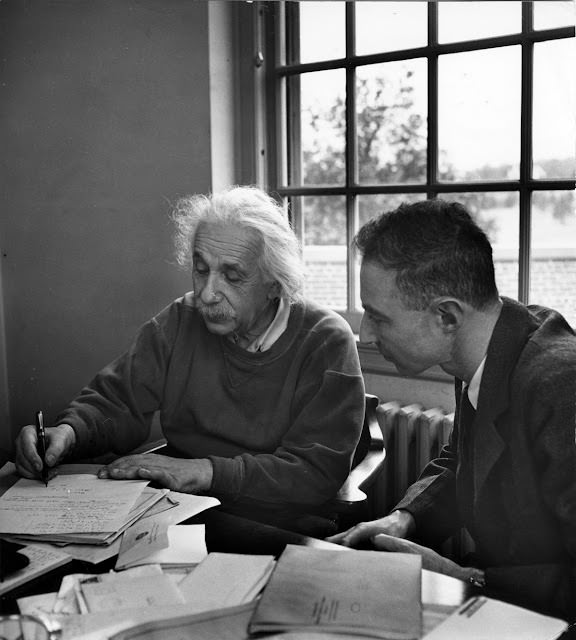 Albert Einstein and J. Robert Oppenheimer at Princeton University's Institute for Advanced Study, 1947.