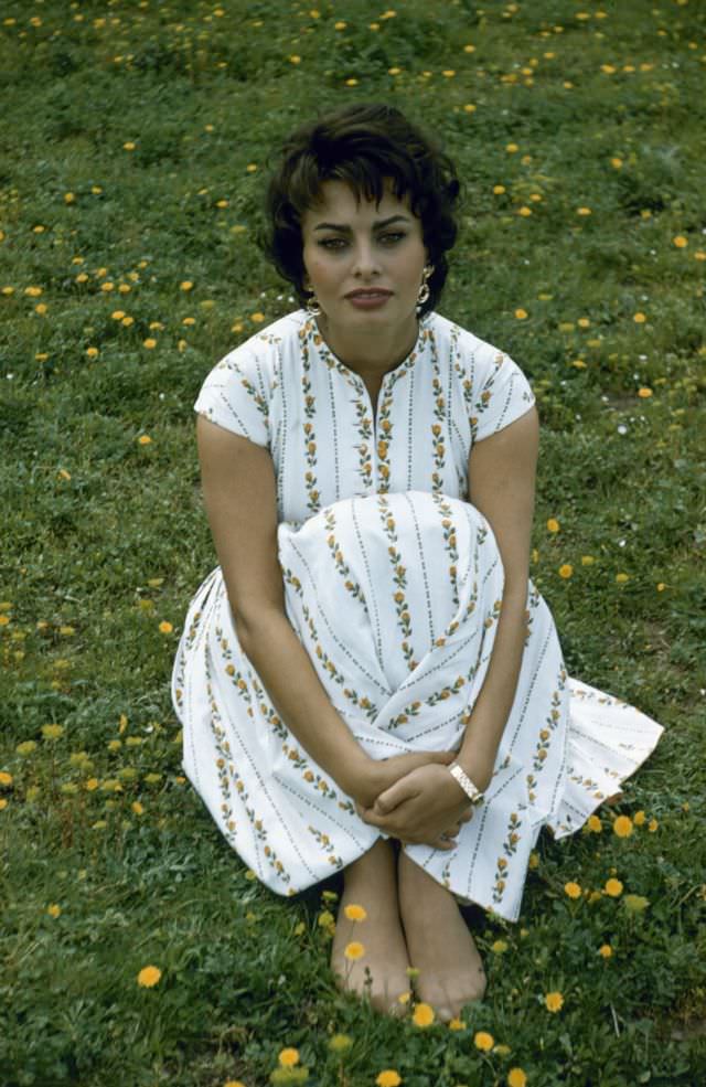 Sophia Loren sitting amidst dandelions by the Via Appia Antica, Rome, Italy, 1957.