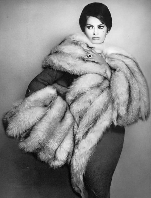 Sophia Loren in a gold-glinted blue fox stole and muff by Revillon, Harper's Bazaar, July 1959.