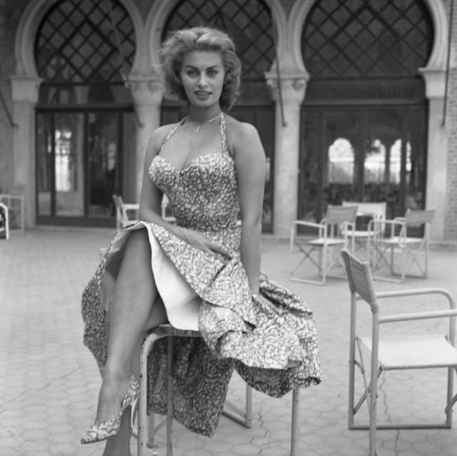 Sophia Loren in a flower print halter dress in Venice, 1955.