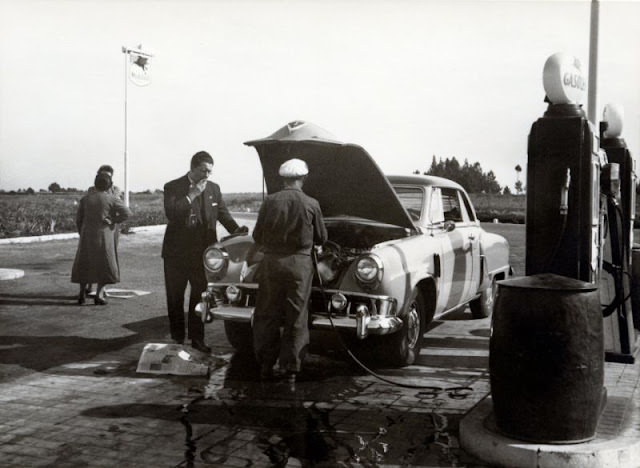 1952 Studebaker Starliner at a Mobiloil station, circa 1950s.