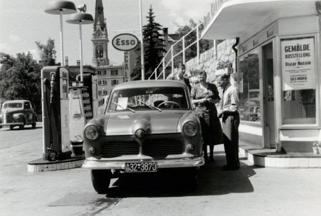 Ford Taunus 12 M at an Esso station in St. Moritz, circa 1950s.