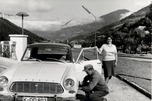 Lady with a Ford Taunus 12 M, Austrian Alps, circa 1960s.