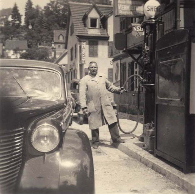 Shell petrol station with an Opel Olympia, Germany, late 1930s.