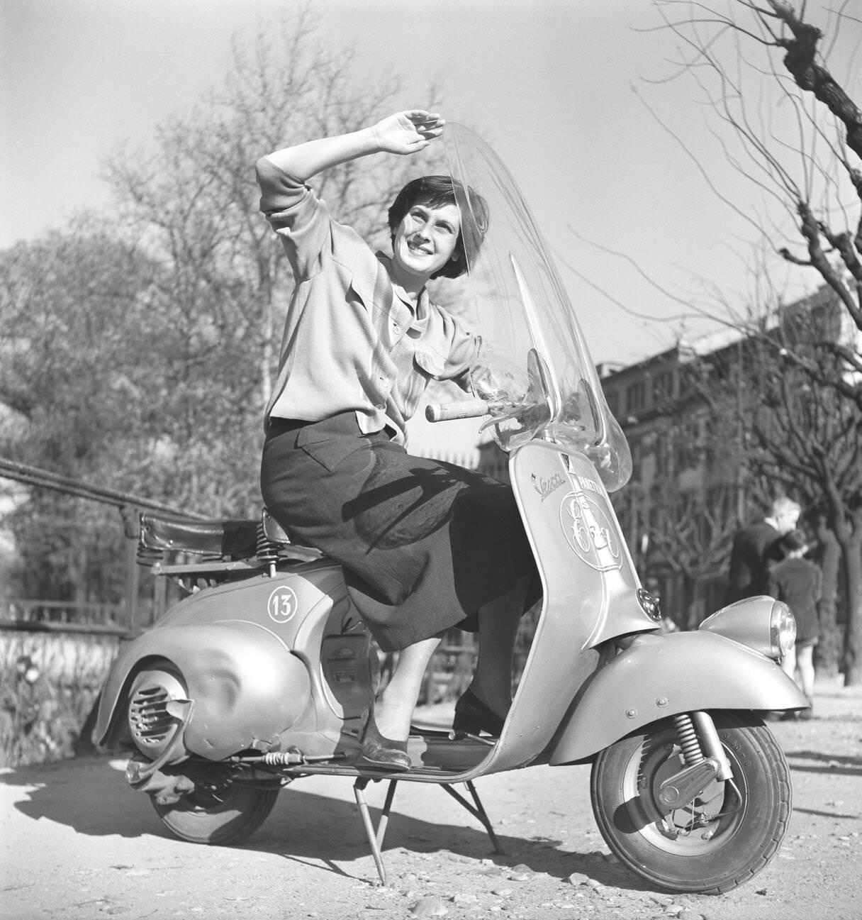 Lady in a Dirndl with a Ford Taunus 17 M De Luxe, circa 1950s.