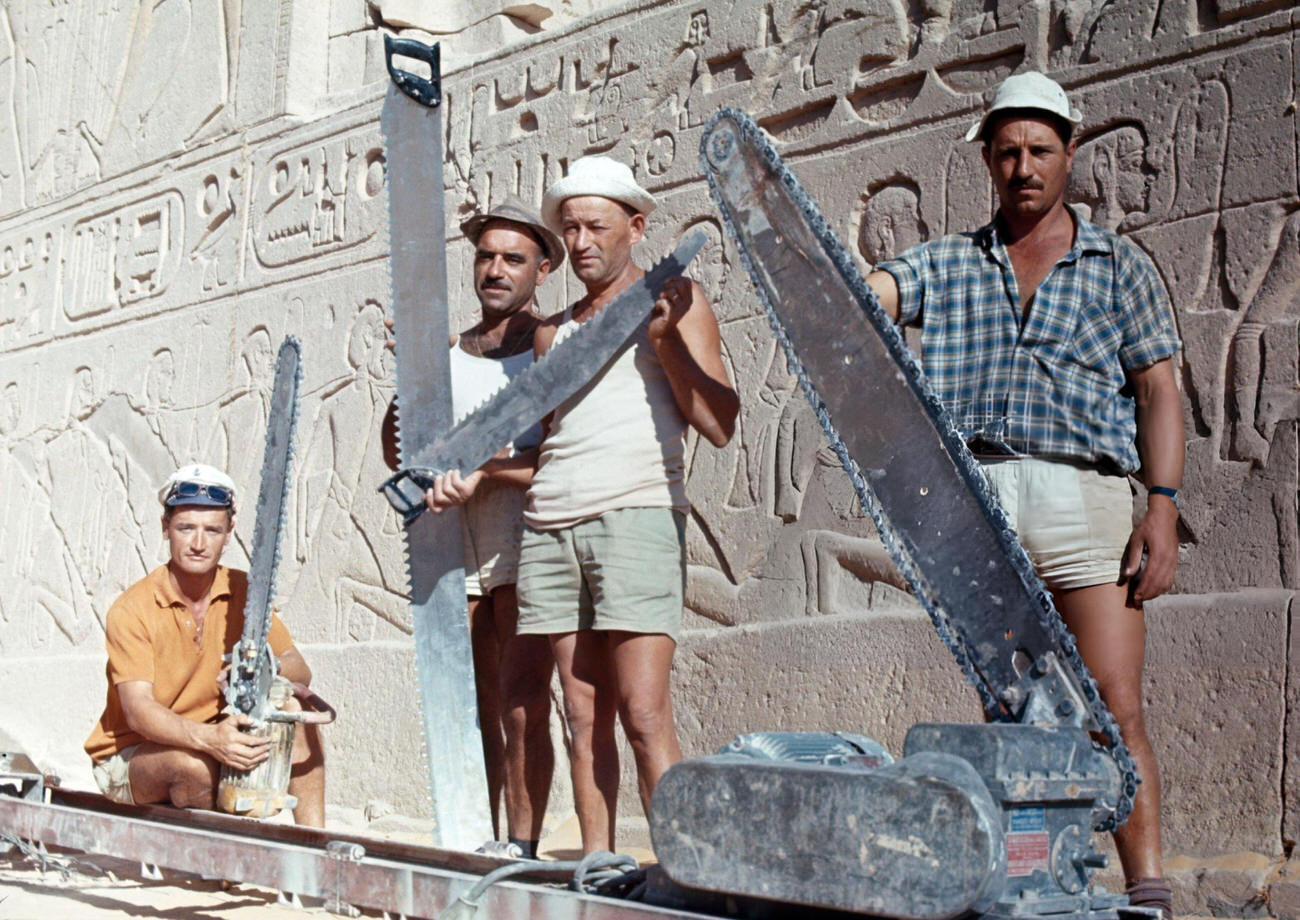 Workmen relocating Abu Simbel's ancient temple in 1967