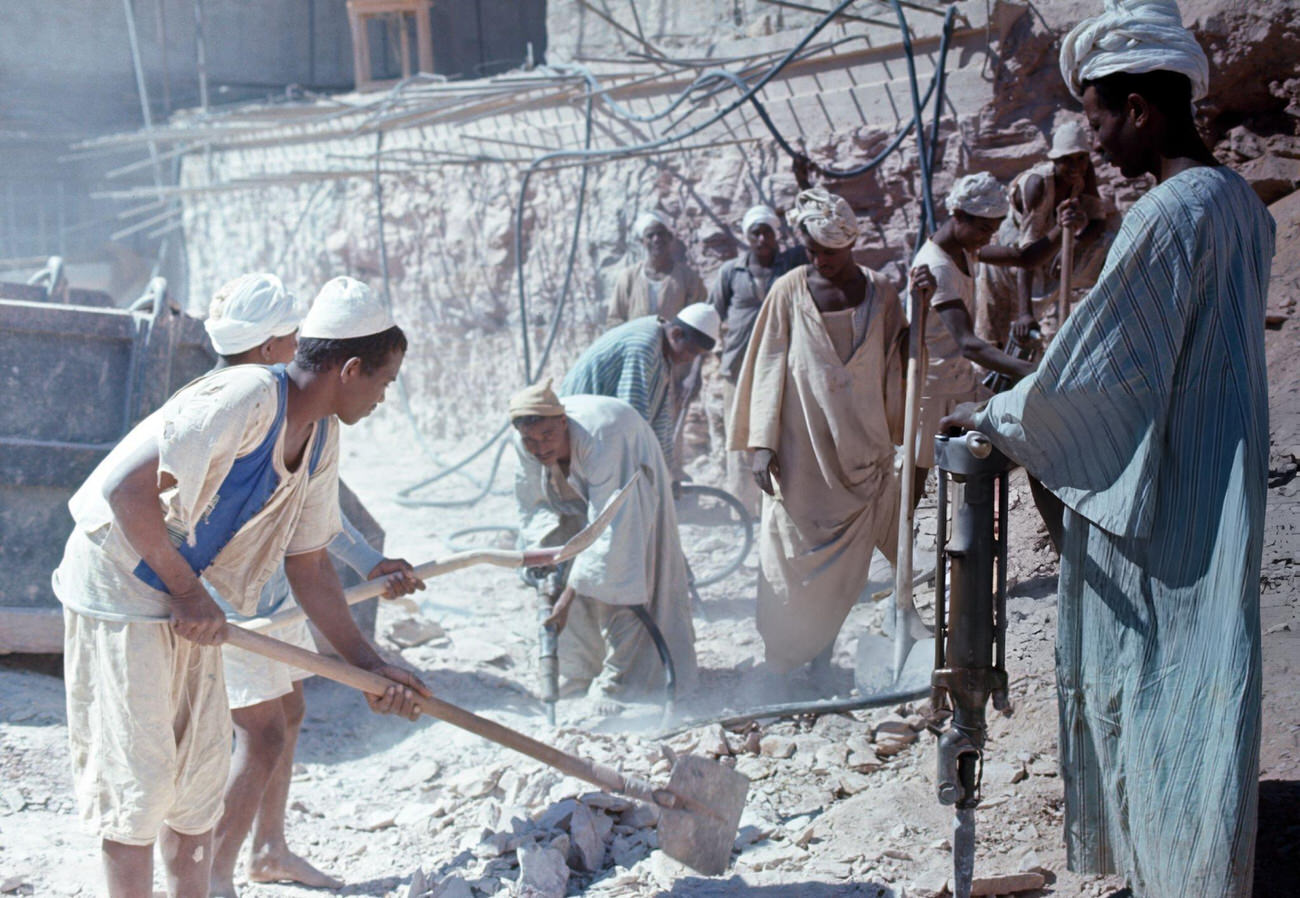 Workmen relocating Abu Simbel's ancient temple in 1967, originally built in 1264 BC to commemorate Ramesses II's victory at the Battle of Kadesh.