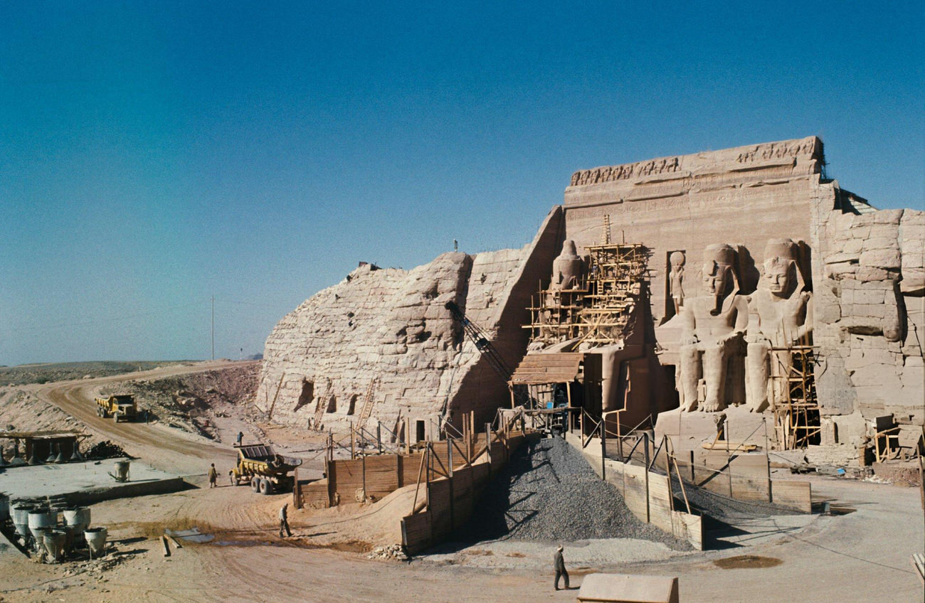 The 1968 reconstruction of Pharaoh Ramesses II's statues at Abu Simbel to avoid Nile flooding from the Aswan High Dam.