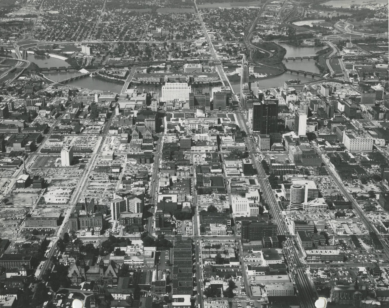 Aerial view of downtown Columbus looking west, 1965.