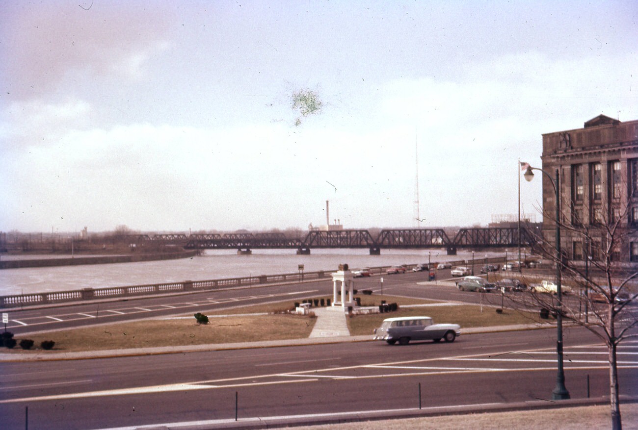 View of the 1959 flood from the northwest corner of city hall, January 1959.