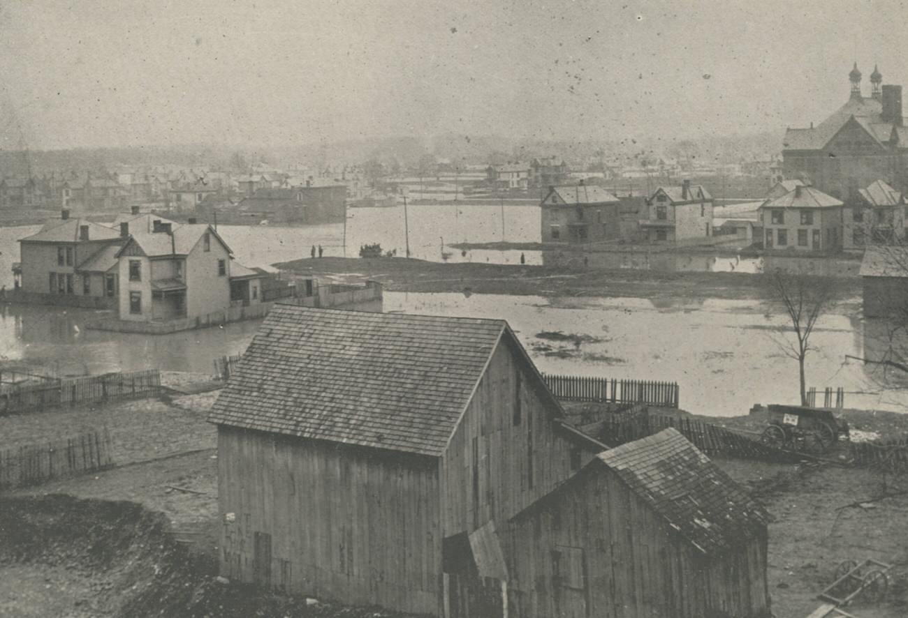 Aerial view of 1898 flood in Columbus, looking west from Mt. Carmel Hospital, March 1898.