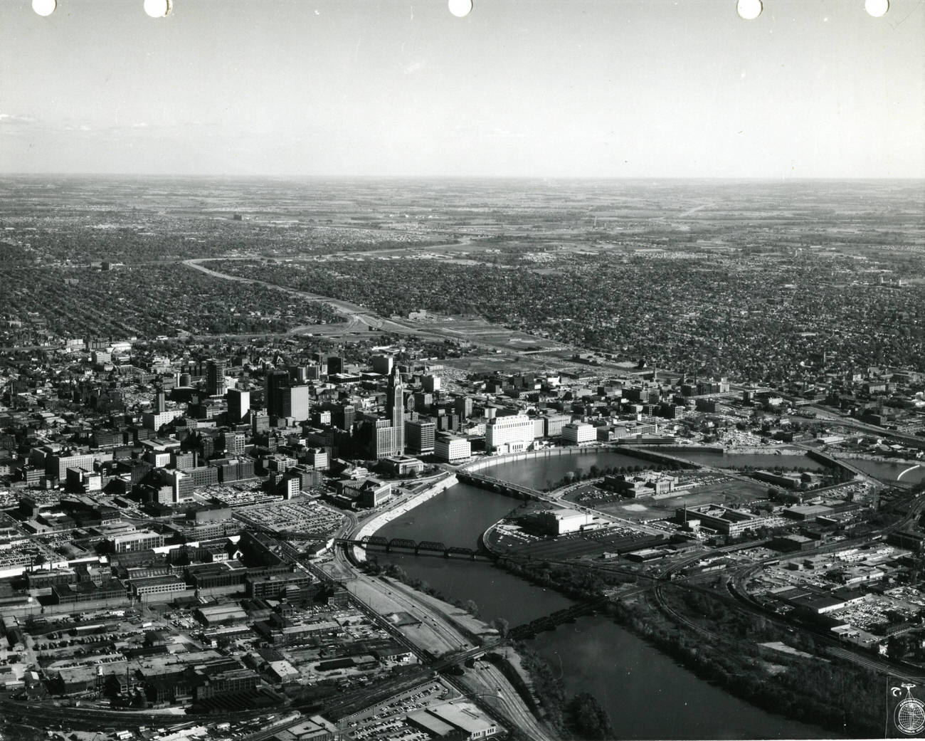 Aerial view of Columbus looking southeast with Ohio Penitentiary and downtown, 1969.