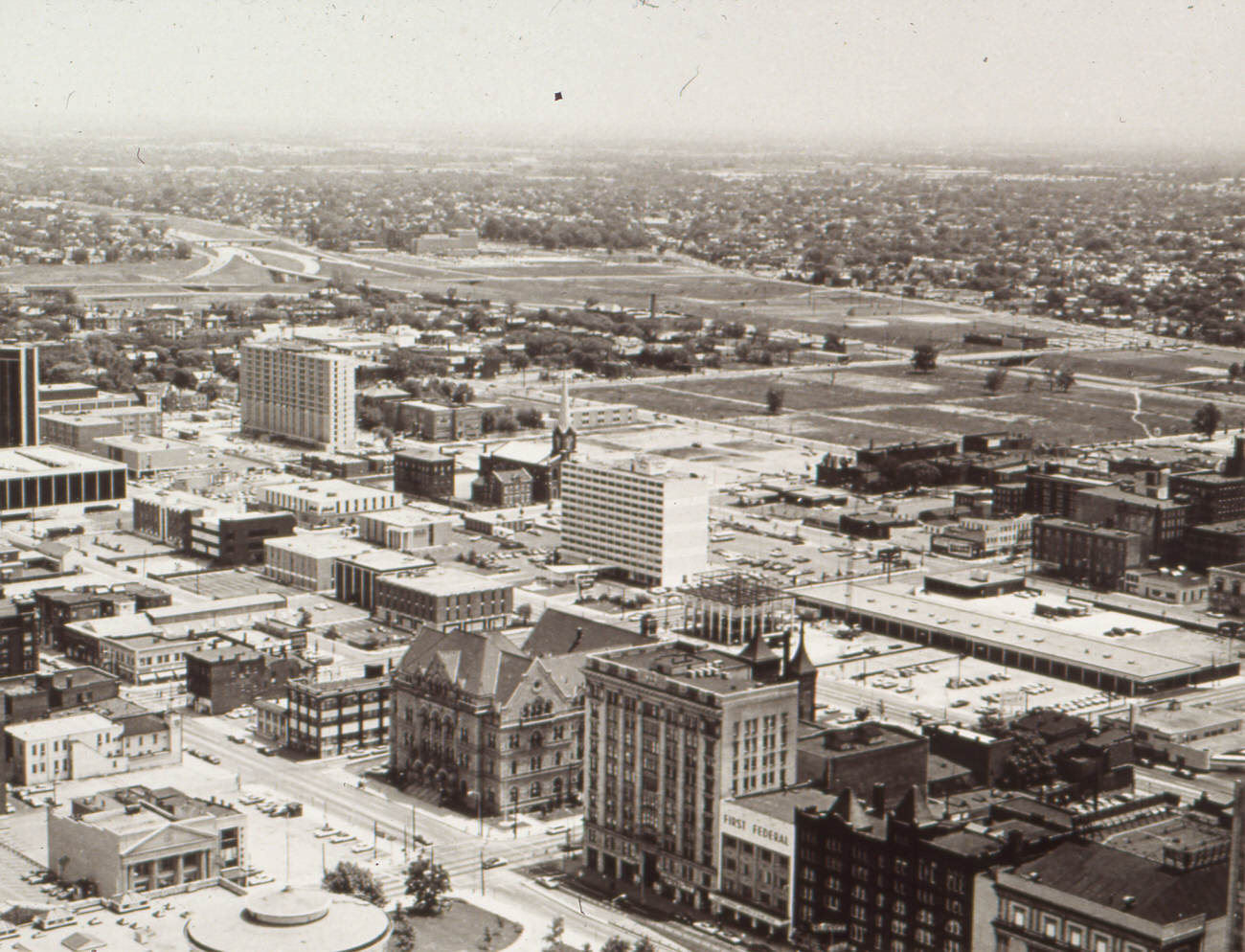 Aerial view of downtown Columbus looking southeast, featuring Hartman Office Building and Old Post Office, 1968.