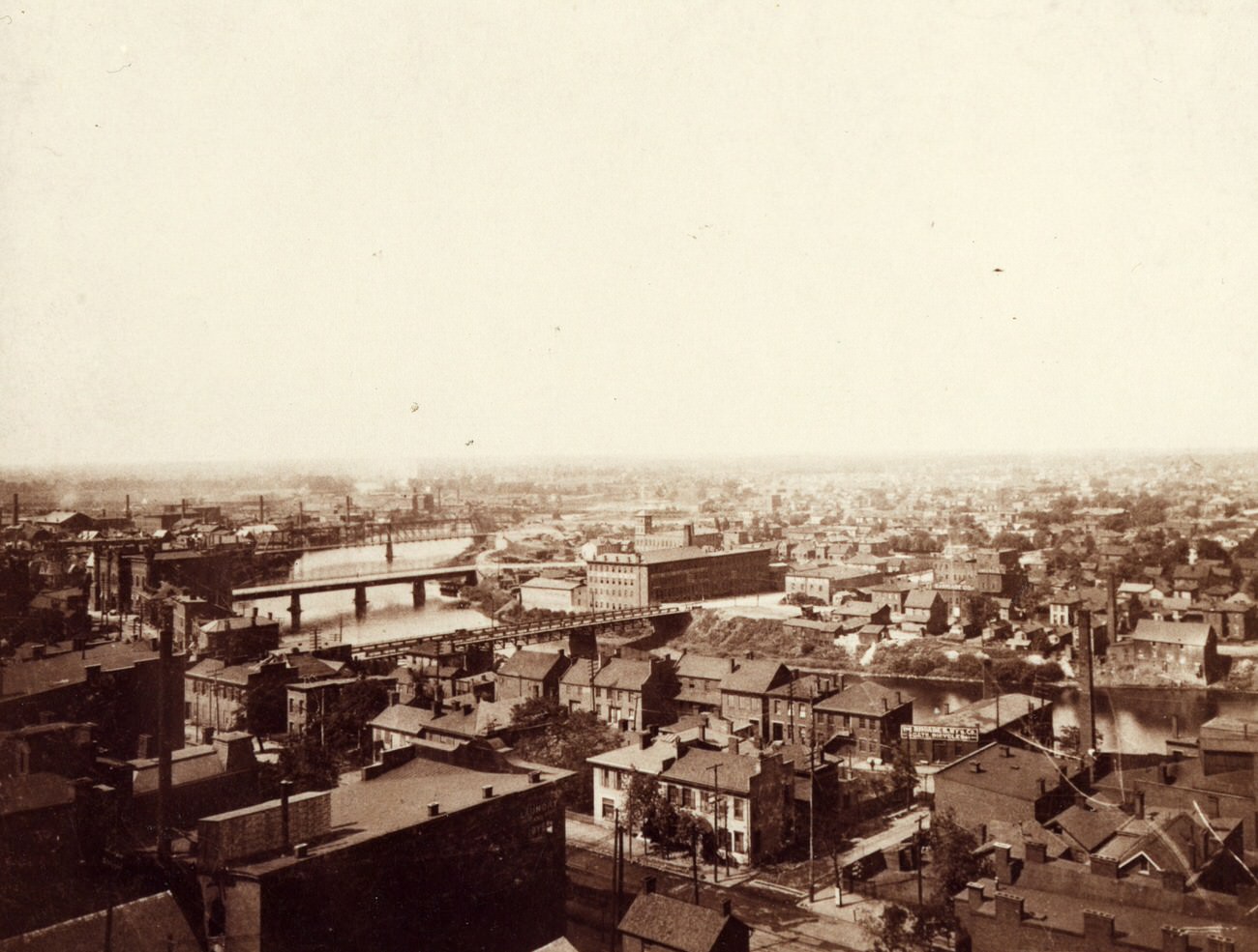 Aerial view of downtown Columbus looking southwest across the Scioto River, late 1880s or early 1890s.