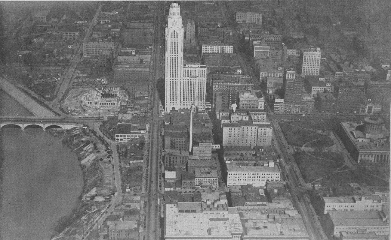 Aerial view looking north of downtown Columbus, featuring LeVeque Tower, 1930.