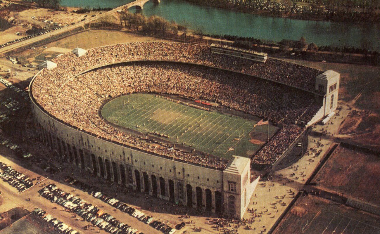 Aerial view of Ohio Stadium, Ohio State University, 1960s