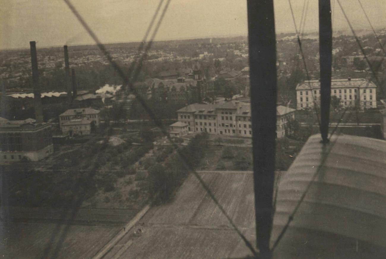 Aerial view of Ohio State University campus, looking east over the Oval, May 1, 1920.