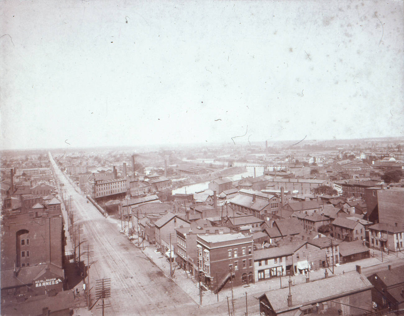 Aerial view of West Broad Street at Front Street, 1880s